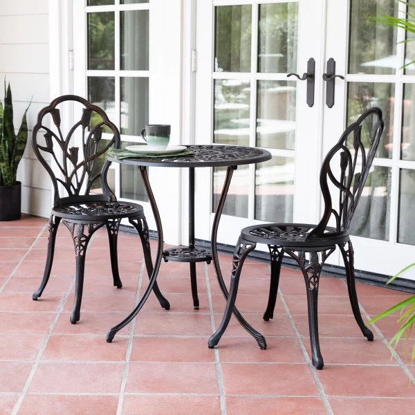 3-Piece Floral Outdoor Patio Bistro Set, Cast Aluminum Outdoor Furniture, Small Patio Sets, Balcony Furniture Sets, Small Outdoor Table and Chairs, Patio Chair Set