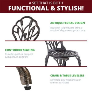 3-Piece Floral Outdoor Patio Bistro Set, Cast Aluminum Outdoor Furniture, Small Patio Sets, Balcony Furniture Sets, Small Outdoor Table and Chairs, Patio Chair Set img 2