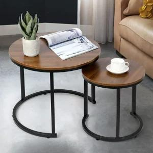 Amzdeal Modern Nesting Coffee Tables, Walnut Round Top, Set of 2, Brown