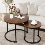 Amzdeal Modern Nesting Coffee Tables, Walnut Round Top, Set of 2, Brown