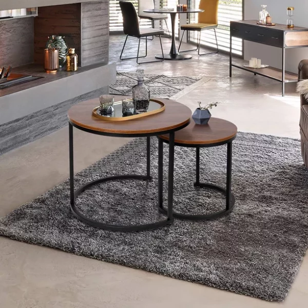 Amzdeal Modern Nesting Coffee Tables, Walnut Round Top, Set of 2, Brown
