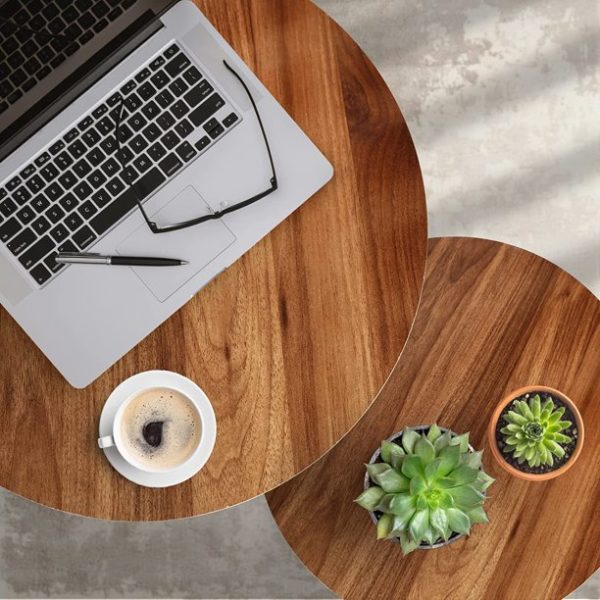 Amzdeal Modern Nesting Coffee Tables, Walnut Round Top, Set of 2, Brown