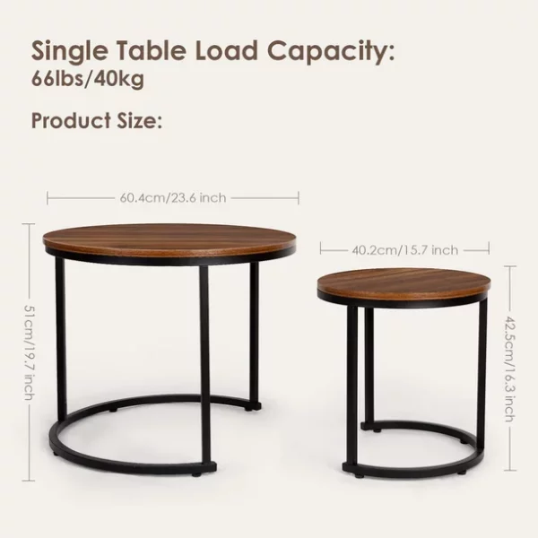 Amzdeal Modern Nesting Coffee Tables, Walnut Round Top, Set of 2, Brown