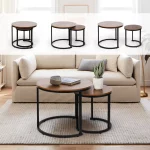 Amzdeal Modern Nesting Coffee Tables, Walnut Round Top, Set of 2, Brown