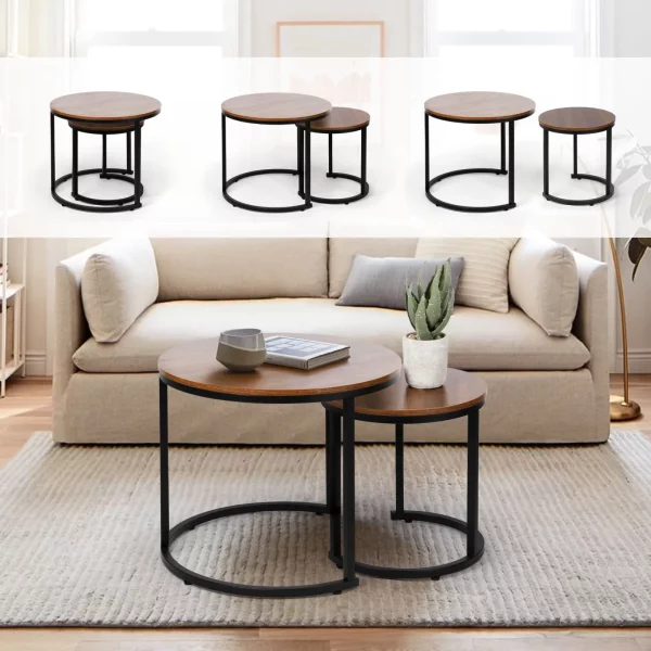 Amzdeal Modern Nesting Coffee Tables, Walnut Round Top, Set of 2, Brown
