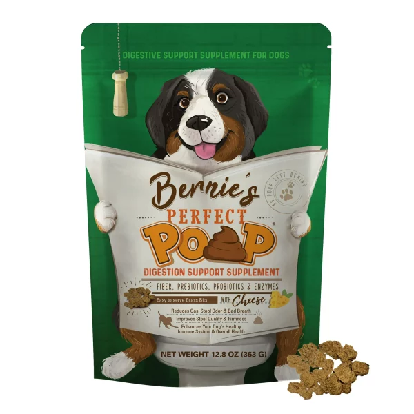 BERNIE'S PERFECT POOP 4 IN ONE DIGESTION FORMULA FOR DOGS - FIBER, PREBIOTICS, PROBIOTICS & DIGESTIVE ENZYMES HELP PREVENT GAS, DIARRHEA, CONSTIPATION, BAD BREATH, UPSET STOMACH AND STOP POOP EATING