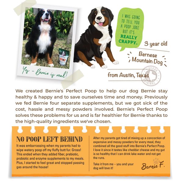 BERNIE'S PERFECT POOP 4 IN ONE DIGESTION FORMULA FOR DOGS - FIBER, PREBIOTICS, PROBIOTICS & DIGESTIVE ENZYMES HELP PREVENT GAS, DIARRHEA, CONSTIPATION, BAD BREATH, UPSET STOMACH AND STOP POOP EATING