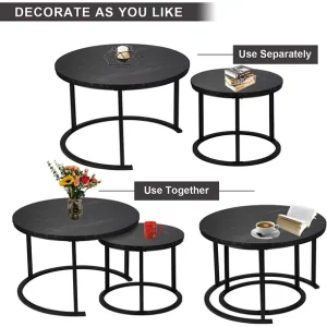 BIGTREE Modern Round Nesting Coffee Table Set 2pc Solid Metal Frame Black img 2