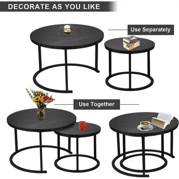 BIGTREE Modern Round Nesting Coffee Table Set 2pc Solid Metal Frame Black