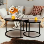 BIGTREE Modern Round Nesting Coffee Table Set 2pc Solid Metal Frame Black