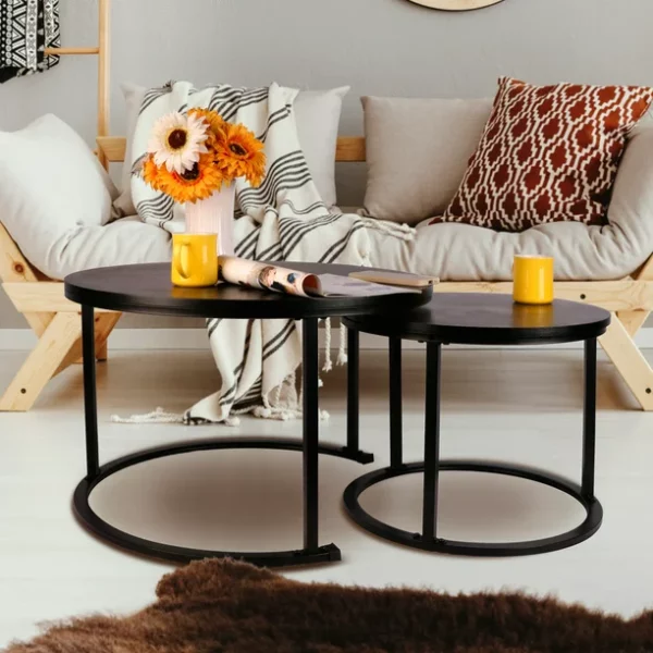 BIGTREE Modern Round Nesting Coffee Table Set 2pc Solid Metal Frame Black