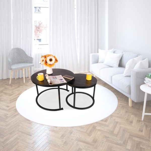 BIGTREE Modern Round Nesting Coffee Table Set 2pc Solid Metal Frame Black
