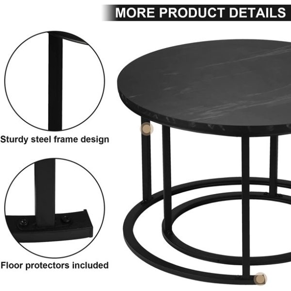 BIGTREE Modern Round Nesting Coffee Table Set 2pc Solid Metal Frame Black