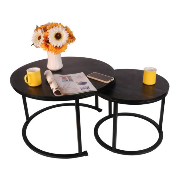 BIGTREE Modern Round Nesting Coffee Table Set 2pc Solid Metal Frame Black