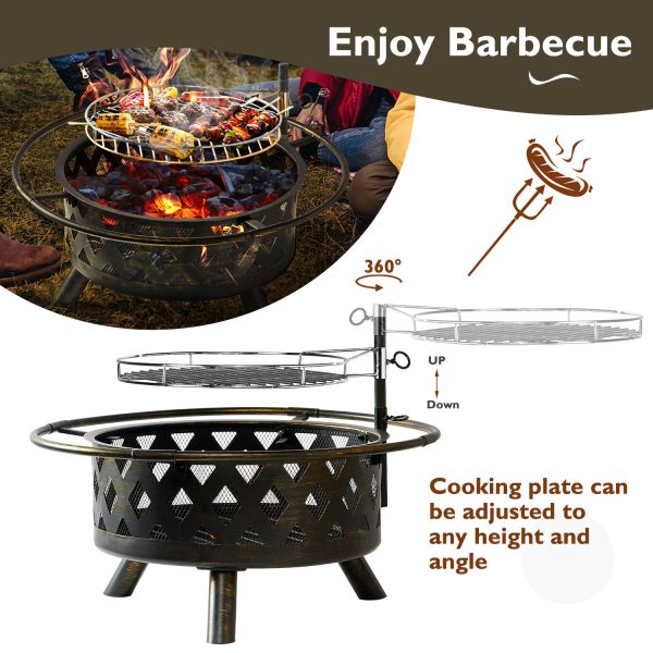 BaPiPro Fire Pit for Outside 30 Inch Outdoor Wood Burning Firepit Large Steel Firepit Bowl with Removable Cooking Swivel BBQ Grill for Backyard Bonfire Patio