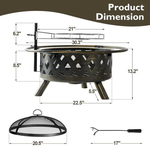 BaPiPro Fire Pit for Outside 30 Inch Outdoor Wood Burning Firepit Large Steel Firepit Bowl with Removable Cooking Swivel BBQ Grill for Backyard Bonfire Patio