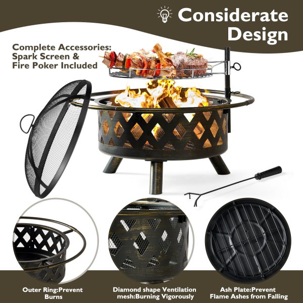 BaPiPro Fire Pit for Outside 30 Inch Outdoor Wood Burning Firepit Large Steel Firepit Bowl with Removable Cooking Swivel BBQ Grill for Backyard Bonfire Patio