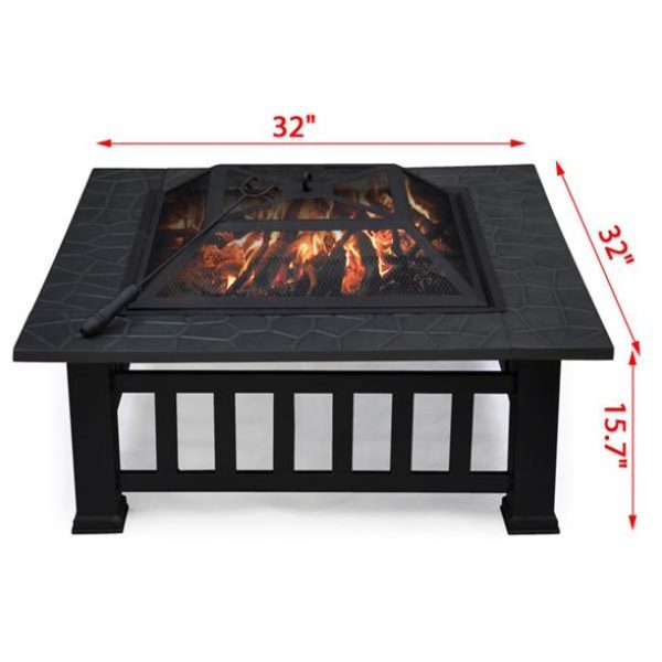 32" Outdoor Metal Firepit Backyard Patio Garden Square Stove Fire Pit With cover