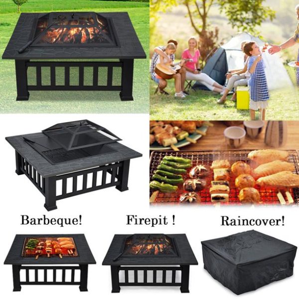 32" Outdoor Metal Firepit Backyard Patio Garden Square Stove Fire Pit With cover