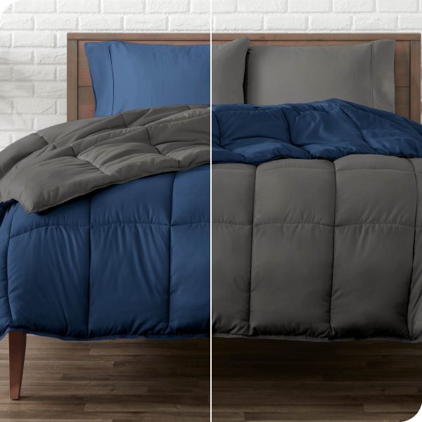 Bare Home Ultra Soft Reversible Comforter, Goose Down Alternative, Queen, Dark Blue/Gray