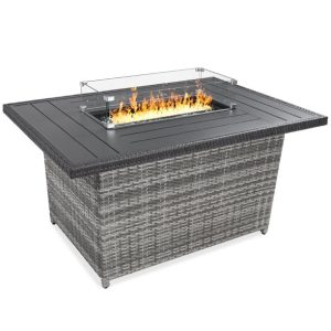 Best Choice Products 52in Wicker Propane Gas Fire Pit Table 50,000 BTU w/ Glass Wind Guard, Tank Holder, Cover - Gray