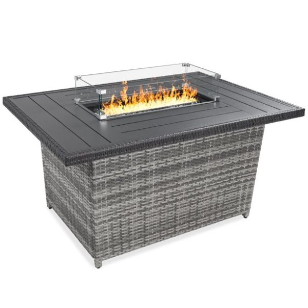 Best Choice Products 52in Wicker Propane Gas Fire Pit Table 50,000 BTU w/ Glass Wind Guard, Tank Holder, Cover - Gray