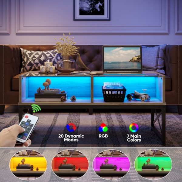 Bestier Coffee Table with LED Lights and Glass Shelf, Retro Grey