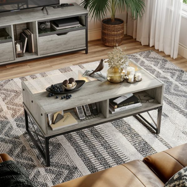 Bestier Coffee Table with LED Lights and Glass Shelf, Retro Grey