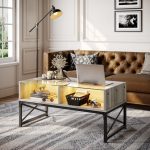 Bestier Coffee Table with LED Lights and Glass Shelf, Retro Grey