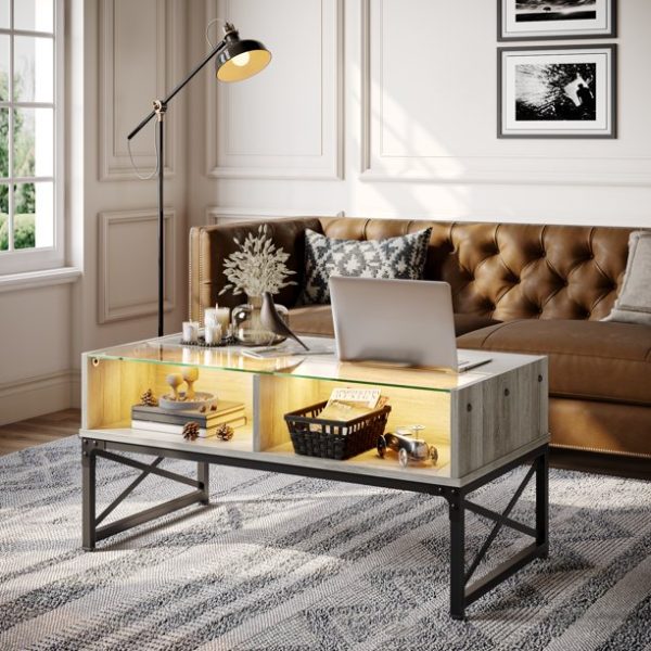 Bestier Coffee Table with LED Lights and Glass Shelf, Retro Grey