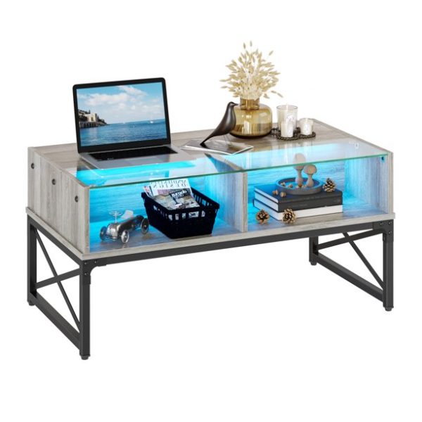 Bestier Coffee Table with LED Lights and Glass Shelf, Retro Grey