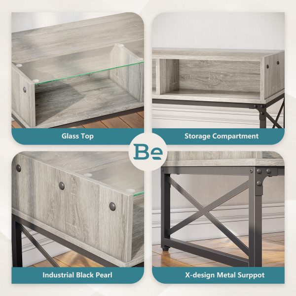 Bestier Coffee Table with LED Lights and Glass Shelf, Retro Grey