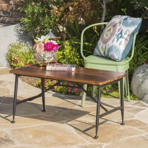 Cascada Outdoor Industrial Acacia Wood Coffee Table with Iron Accents, Antique Finish, Black