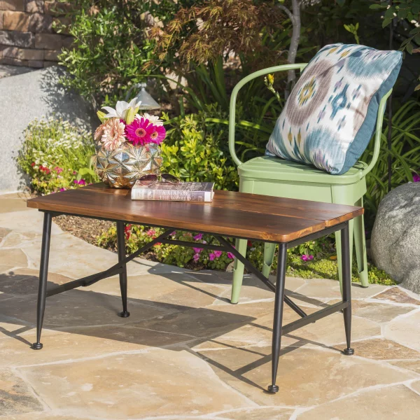 Cascada Outdoor Industrial Acacia Wood Coffee Table with Iron Accents, Antique Finish, Black