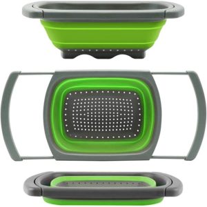 Collapsible Colander, Green Food Strainer Over the Sink Colanders Strainers with Extendable Handles, 6-Quart, Dishwasher-Safe Kitchen Folding Strainer for Pasta, Vegetables and Fruits by Polerce