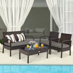 Costway 4PCS Patio Rattan Wicker Furniture Set Brown Loveseat Sofa Cushioned Garden Yard Brown