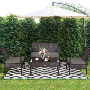 Costway 4PCS Patio Rattan Wicker Furniture Set Brown Loveseat Sofa Cushioned Garden Yard Brown img 2