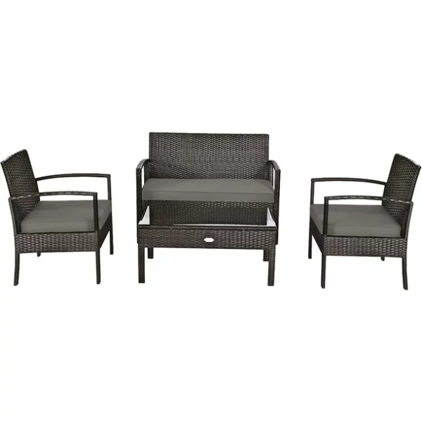Costway 4PCS Patio Rattan Wicker Furniture Set Brown Loveseat Sofa Cushioned Garden Yard Brown