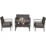 Costway 4PCS Patio Rattan Wicker Furniture Set Brown Loveseat Sofa Cushioned Garden Yard Brown