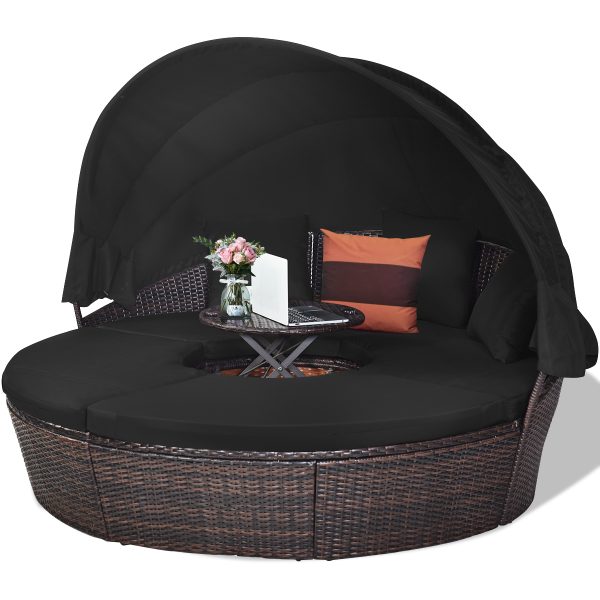 Costway Patio Rattan Daybed Cushioned Sofa Adjustable Table Top Canopy Black