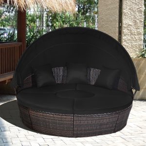 Costway Patio Rattan Daybed Cushioned Sofa Adjustable Table Top Canopy Black img 4
