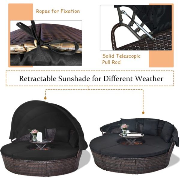 Costway Patio Rattan Daybed Cushioned Sofa Adjustable Table Top Canopy Black