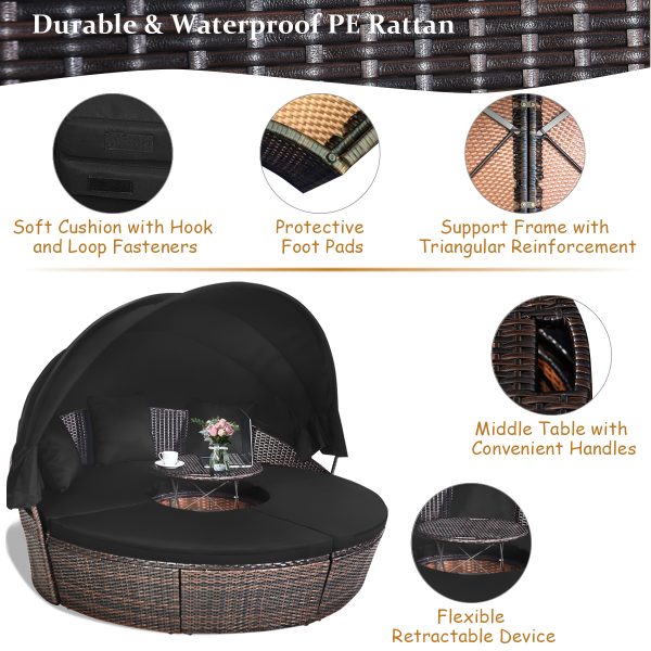 Costway Patio Rattan Daybed Cushioned Sofa Adjustable Table Top Canopy Black