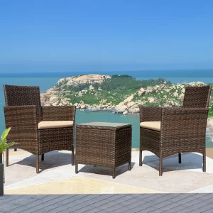 Devoko Patio Conversation Set Outdoor Furniture Set PE Rattan Wicker Chairs and Table Set of 3, Brown-Beige img 2