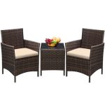 Devoko Patio Conversation Set Outdoor Furniture Set PE Rattan Wicker Chairs and Table Set of 3, Brown/Beige