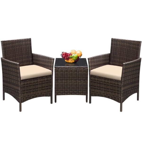 Devoko Patio Conversation Set Outdoor Furniture Set PE Rattan Wicker Chairs and Table Set of 3, Brown/Beige