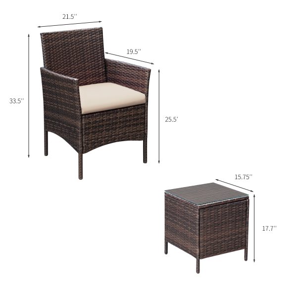 Devoko Patio Conversation Set Outdoor Furniture Set PE Rattan Wicker Chairs and Table Set of 3, Brown/Beige