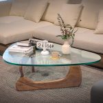 Furgle 50" Triangle Glass Coffee Table with Wood Base for Living Room Office, Light Walnut
