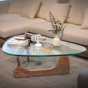 Furgle 50" Triangle Glass Coffee Table with Wood Base for Living Room Office, Light Walnut