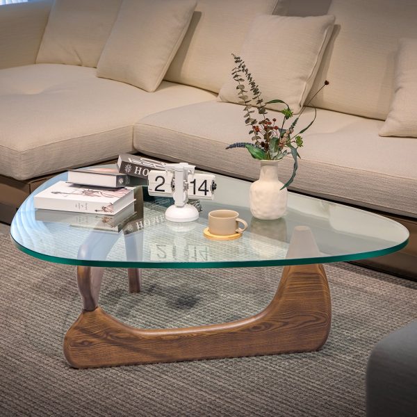 Furgle 50" Triangle Glass Coffee Table with Wood Base for Living Room Office, Light Walnut